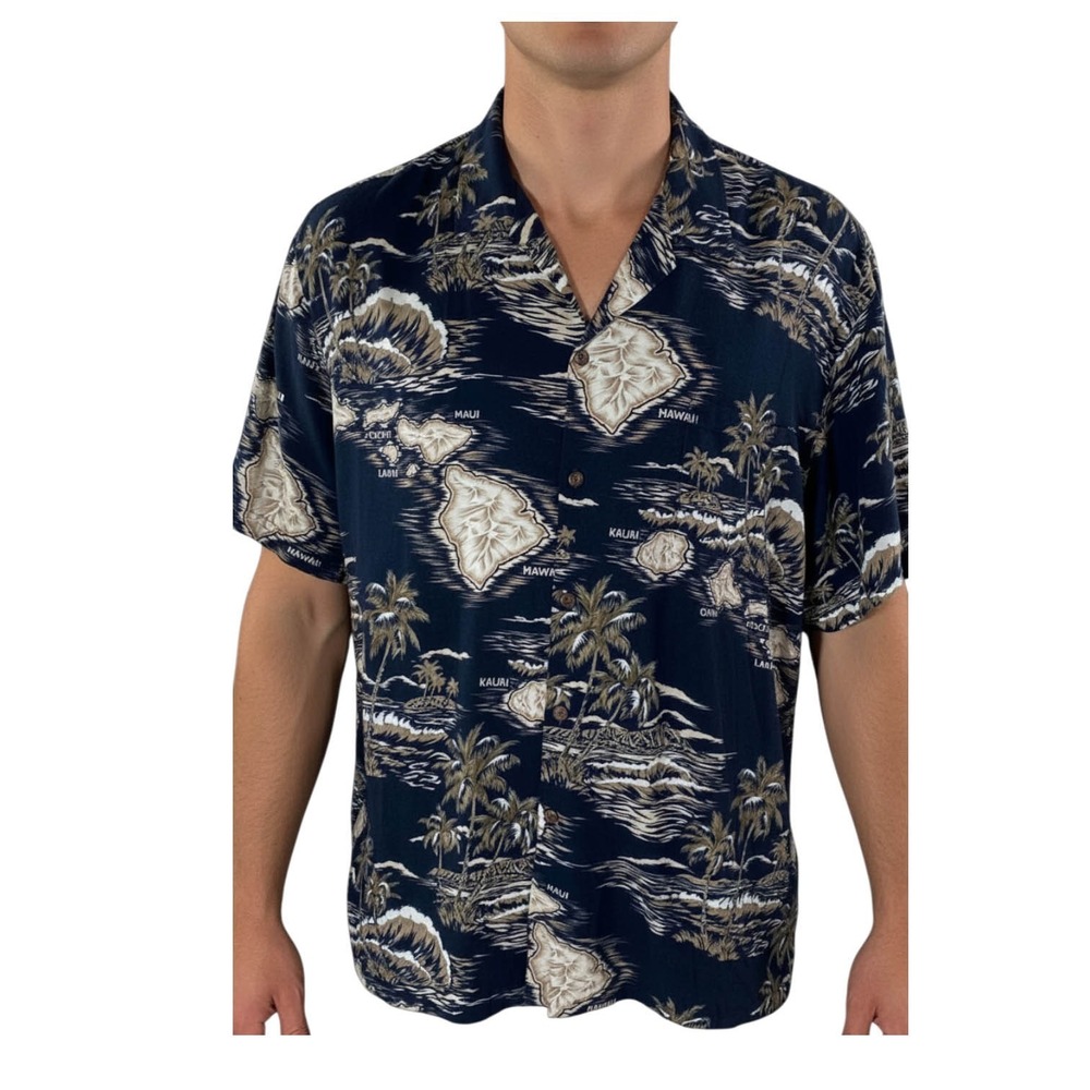 Hawaiian Reserve Aloha Shirt 3XL Mens Island Map Palms Beach Black Brown Rayon